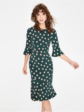Boden Women’s Flippy Pencil Dress Seaweed Green Pink Spotted Flutter Sleeve 6R